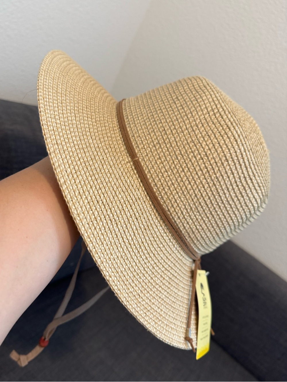 Women's Beige Straw Sun Hat with Chin Strap
